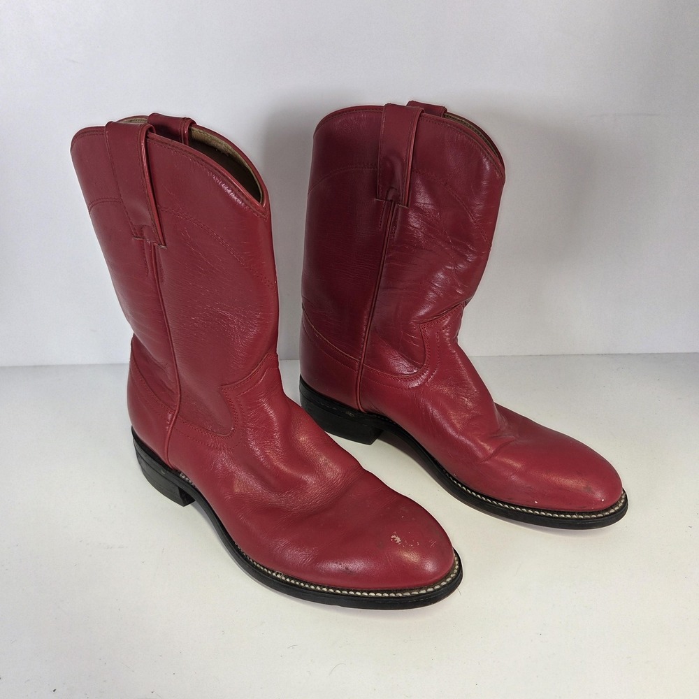Vintage Justin Boots Youth 3 Red Leather Roper Style Western Cowboy